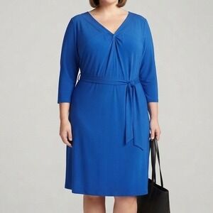 Lands End midi Dress 3x Blue‎ Spandex Faux Wrap Tie Waist stretch office capsule